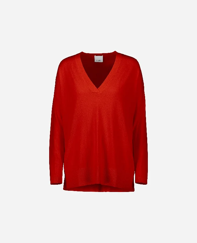 V-Pullover aus Wolle in Rot