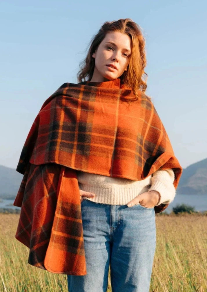 John Hanly Lambswool Cape | Orange Tartan Mix