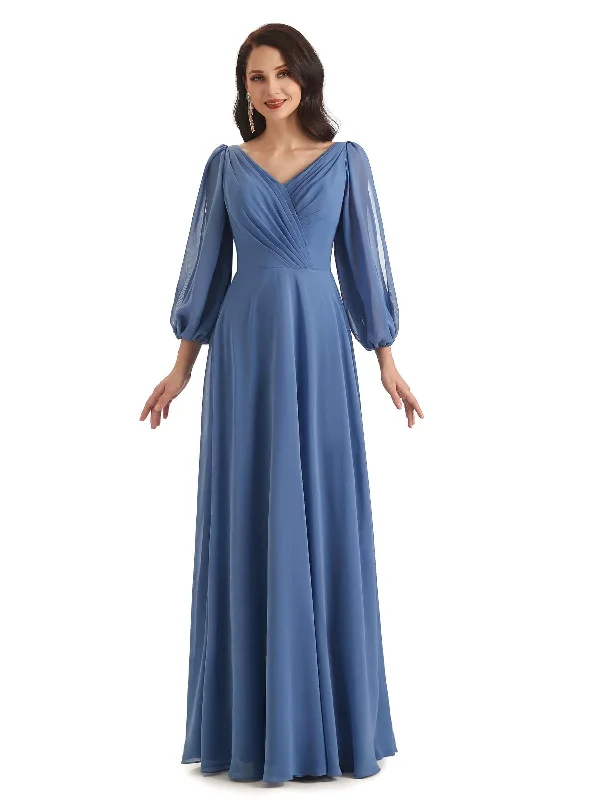 Elegant A-line Chiffon Long Sleeves V-neck Mother of The Groom Dresses