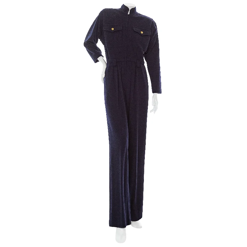 1980s Rive Gauche Navy Blue Wool Long Sleeve Jumpsuit