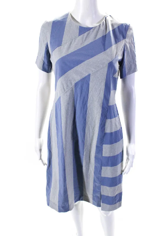 Hilton Hollis Womens Striped Split Hem Midi Sheath Dress Gray Ink Blue