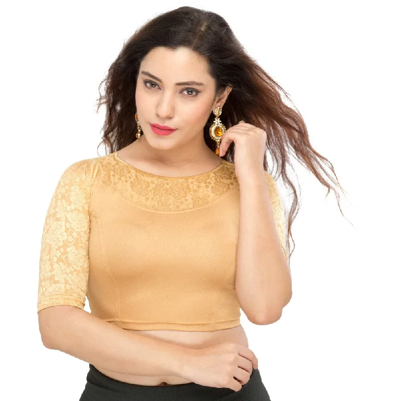 Designer Gold Non-Padded Stretchable Boat Neckline With Elbow Length Net Sleeves Saree Blouse Crop Top (A-31-Gold)