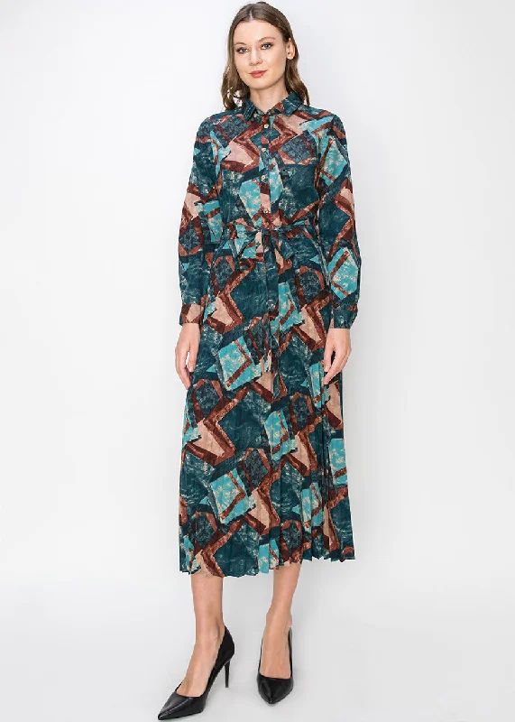 Abstract Turquoise Pleated Midi Dress