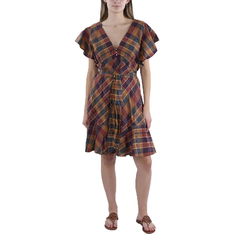 Womens Plaid Flutter Sleeve Mini Dress