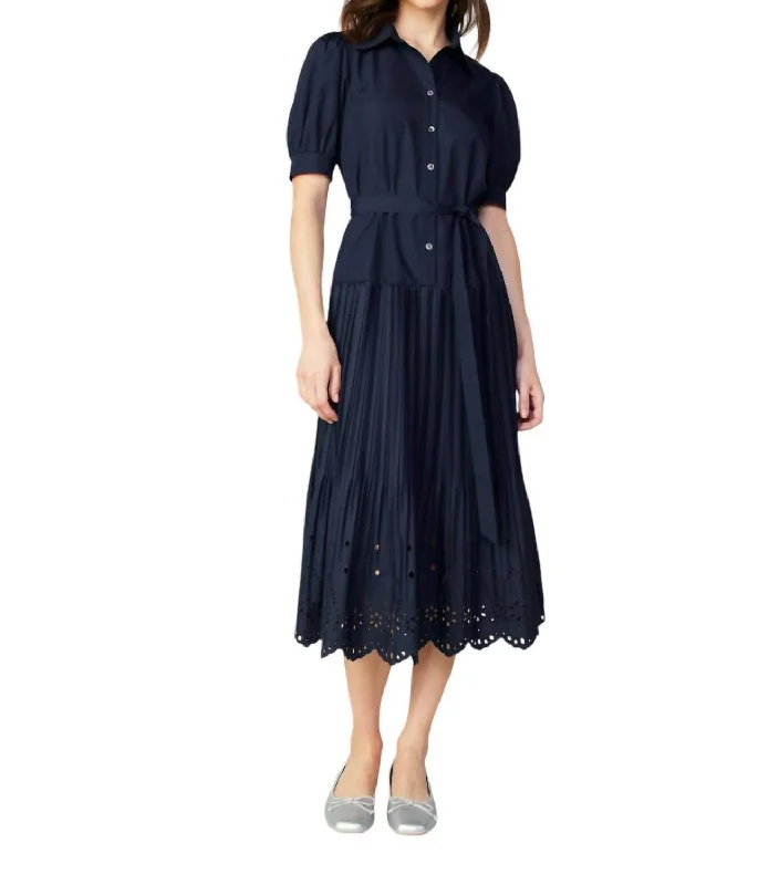 Button Down Pleated Eyelet Midi Dress In Navy