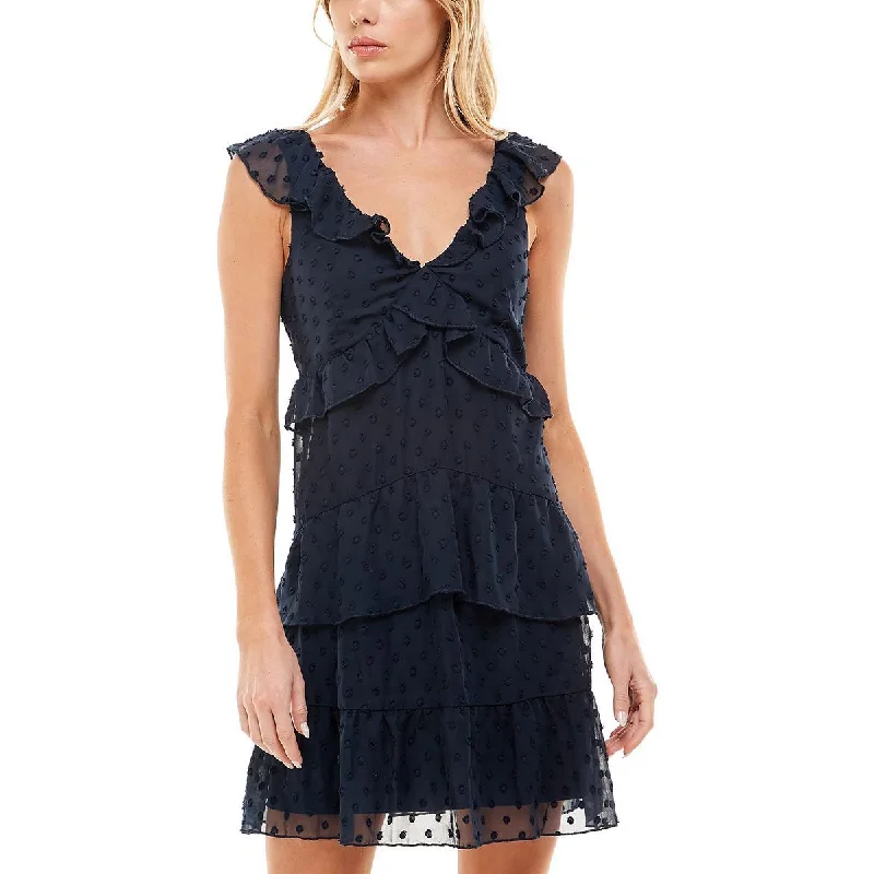 Juniors Womens Ruffled Mini Cocktail and Party Dress