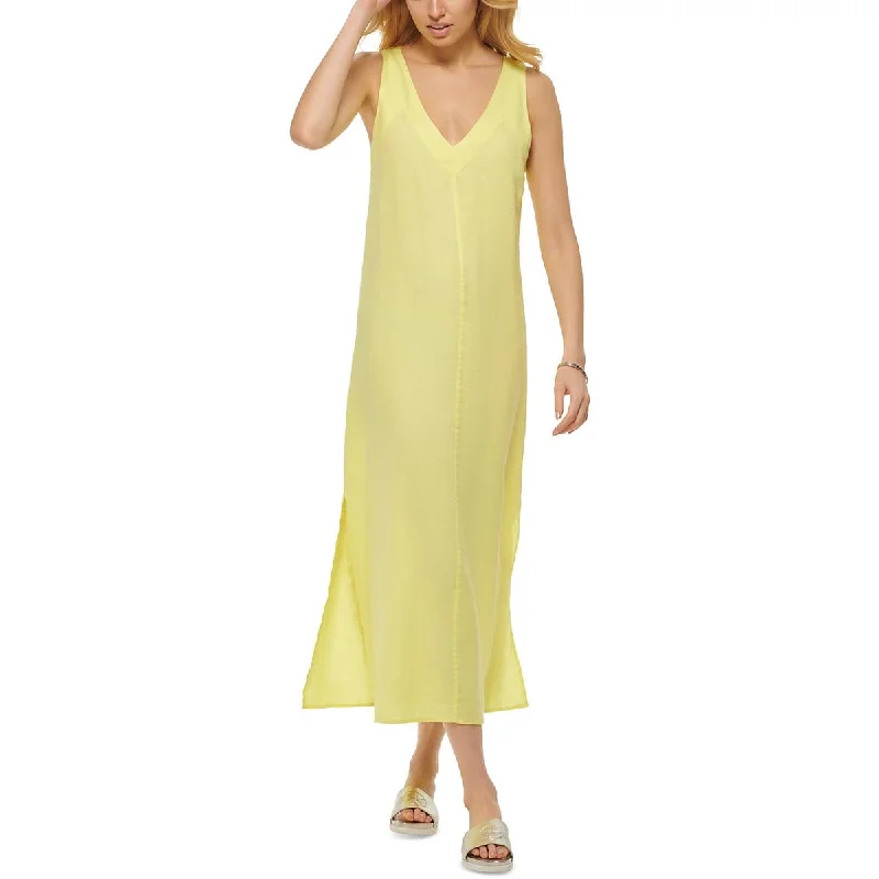 Womens Linen V Neck Maxi Dress