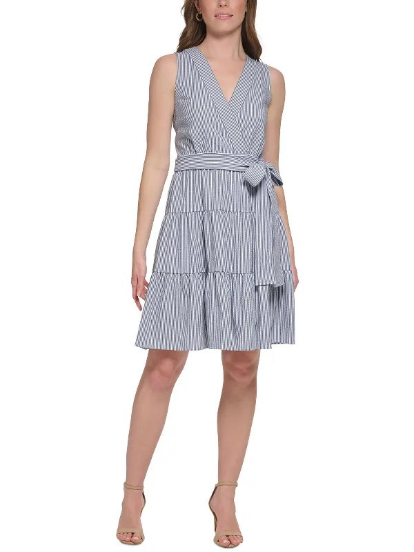 Petites Womens Tie Waist Tiered Midi Dress