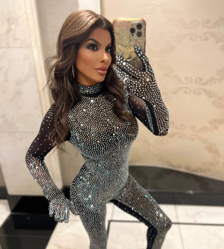 ENERGY Rhinestone and Pearl Studded Full Body Jumpsuit