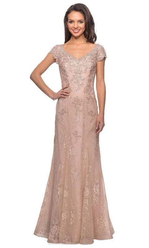 La Femme - 28099 V Neck Floral Lace Trumpet Evening Dress