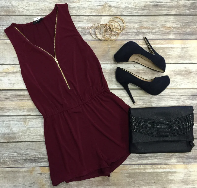 Zip Me Up Romper: Burgundy