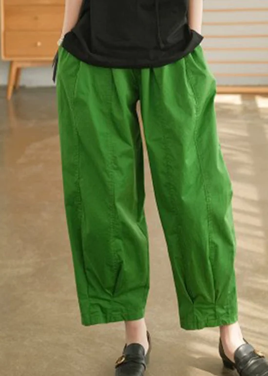 Stylish Green Elastic Waist Drawstring Pockets Cotton Harem Pants Spring