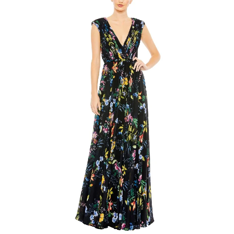 Womens Chiffon Floral Print Evening Dress