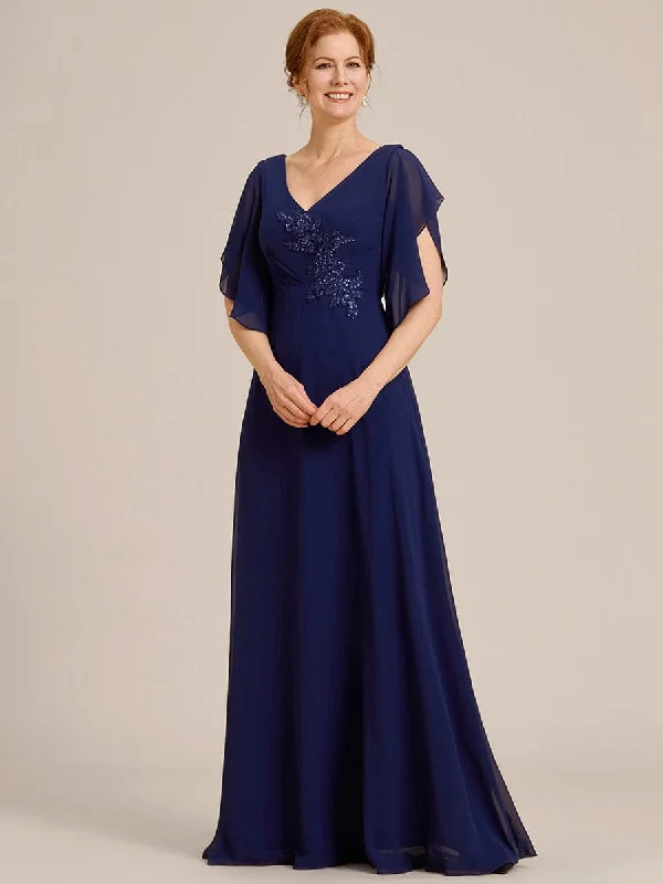 Yvonne | Half Sleeves Top Applique Decoration Chiffon Mother of the Bride Dress