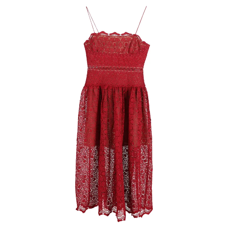 Self-Portrait Midi Lace Sleeveless Dress in Red Polyester