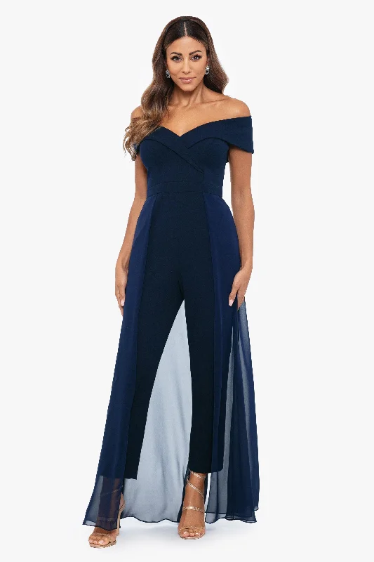 "Margot" Off the Shoulder Scuba Crepe and Chiffon Jumpsuit