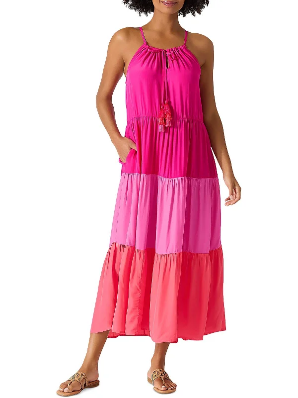 Womens Colorblock Tiered Midi Dress