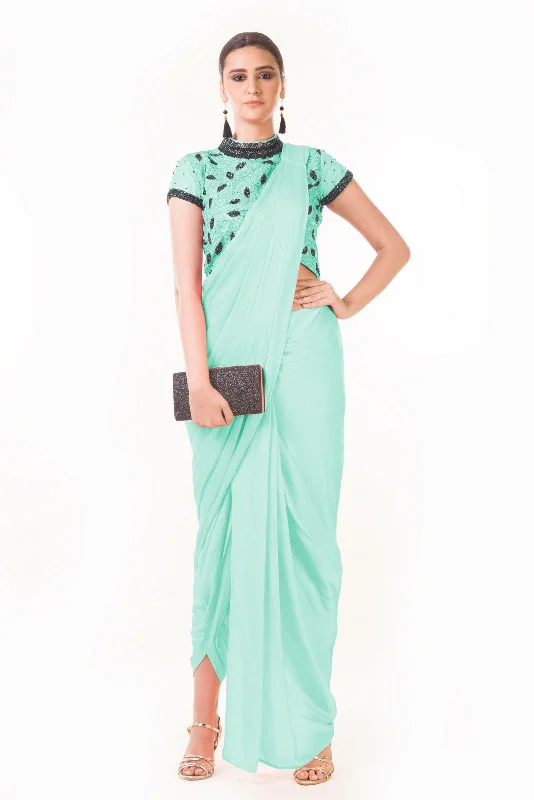 Mint Green Draped Dhoti With Shaded Palla & Patta Work Croptop