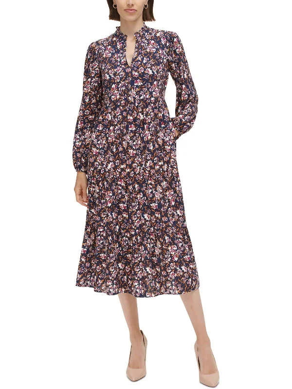 Womens Floral Print Split Neck Midi Dress