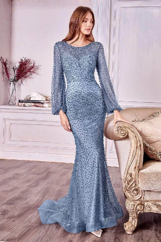 Andrea and Leo - A0997 Pearl Beaded Long Sleeve Trumpet Gown