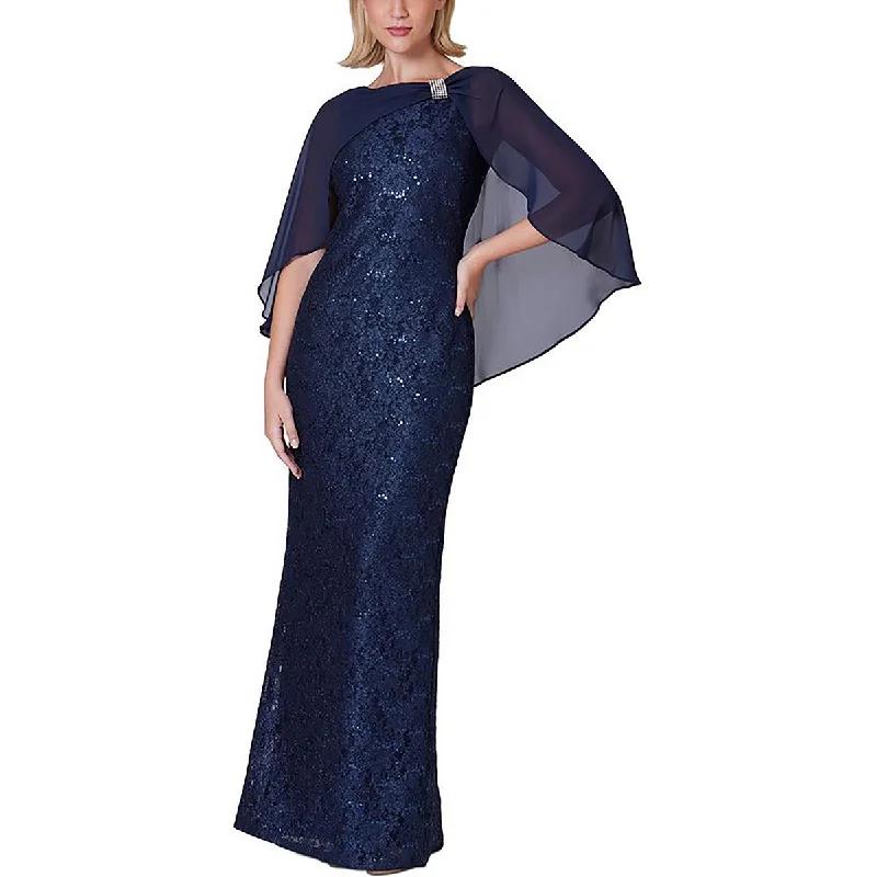 Petites Womens Lace Glitter Evening Dress