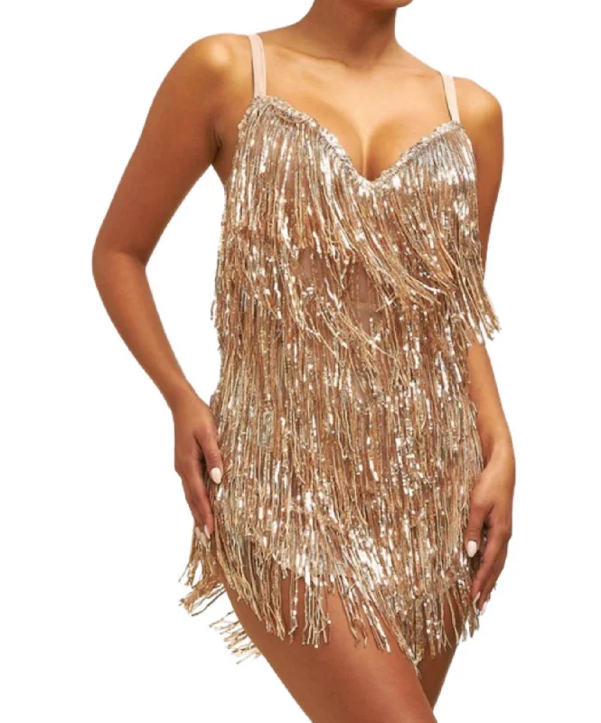 Sequin Fringe Mini Dress In Rose Gold