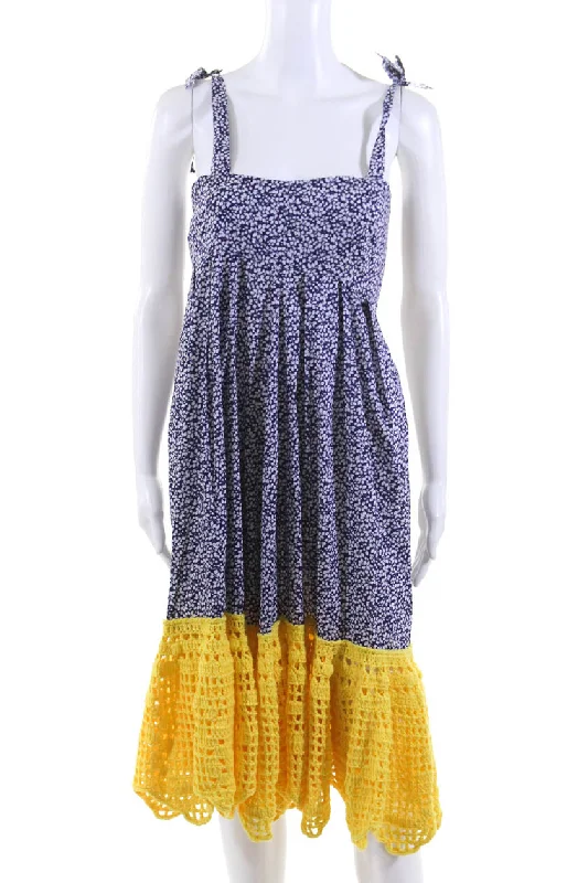 Michaela Buerger Womens Floral Crochet Trim Midi Swing Dress Blue