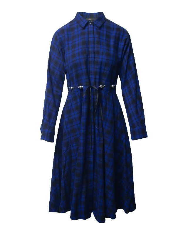 Maje Rebel Belted Checked Midi Dress in Blue and Black Cotton Flannel