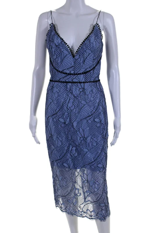 Nicholas Womens Back Zip Spaghetti Strap V Neck Lace Midi Dress Blue