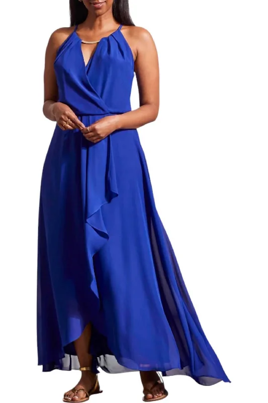 Lined Maxi Dress With Embellished Keyhole Neckline In Sapphire