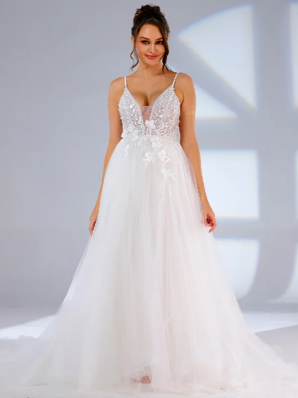 Plunging V Neck Wedding Dress A line Slip Applique Light Up