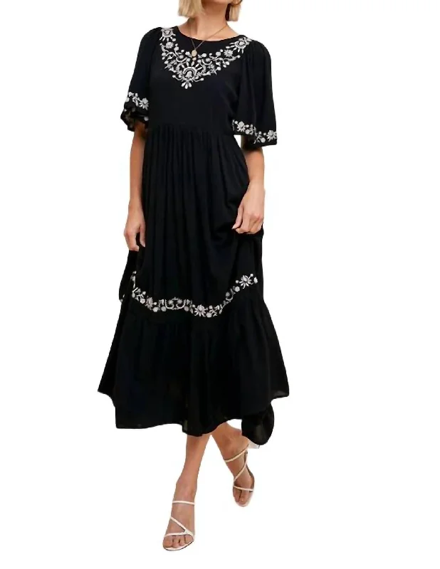 Just For Fun Embroidered Midi Dress In Black