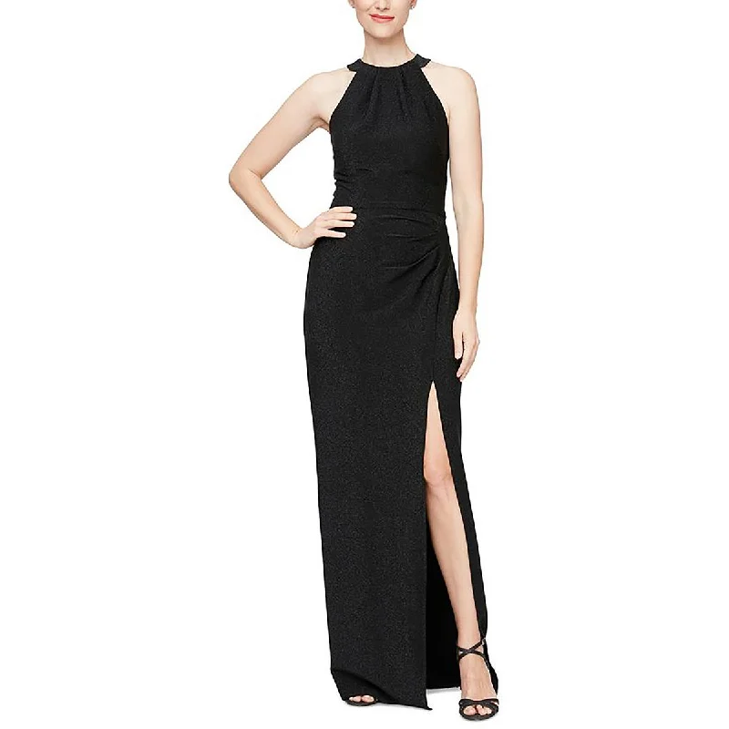 Womens Metallic Halter Evening Dress