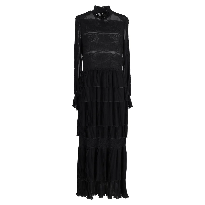 Vilshenko Lace Detail Maxi Layered Dress in Black Polyester