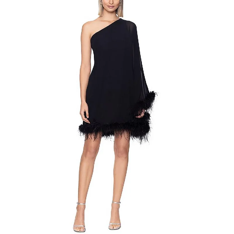 Womens Feather Trim Mini Cocktail And Party Dress