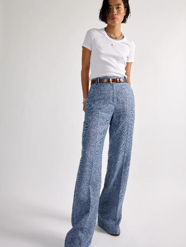 Blue washed linen and cotton denim straight-leg trousers