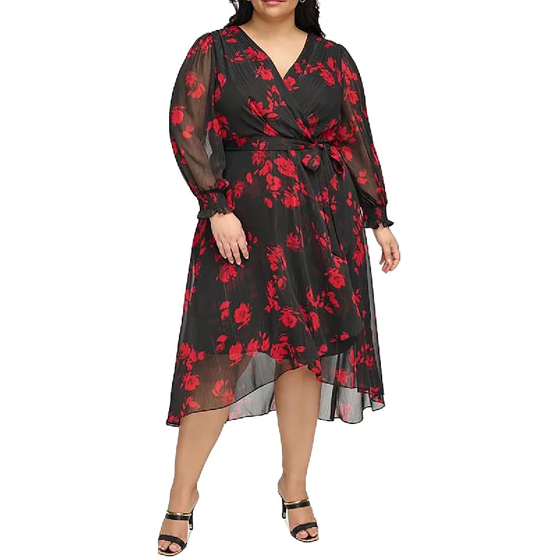 Plus Womens Floral Faux Wrap Cocktail And Party Dress