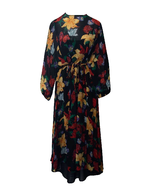 Rixo Belted Floral Print Midi Dress in Multicolor Polyester