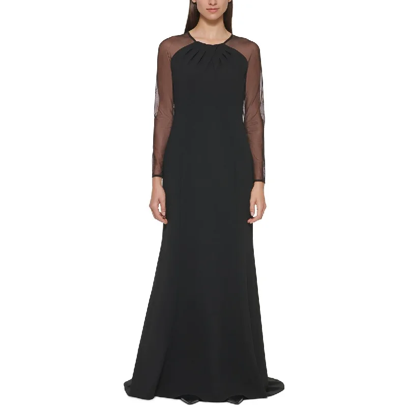 Womens Crepe Mesh Sleeves Evening Dress