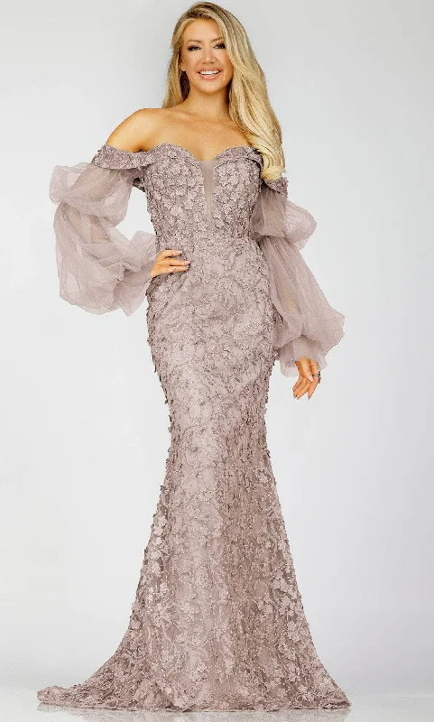 Terani Couture 231E0515 - Off-Shoulder Sheer Sleeves Evening Gown