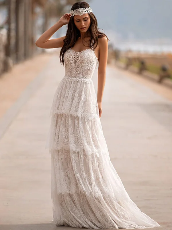 Boho Lace Layered Ruffle Wedding Dress Sleeveless