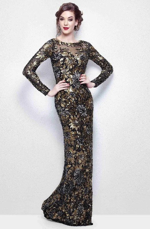 Primavera Couture - Long Sleeve Luxurious Floral Sequined Long Sheath Gown  1401