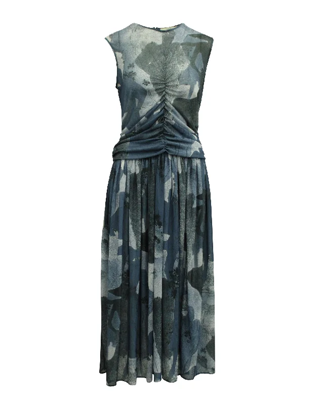 Victoria Beckham Ruched Front Midi Dress in Blue Polyester