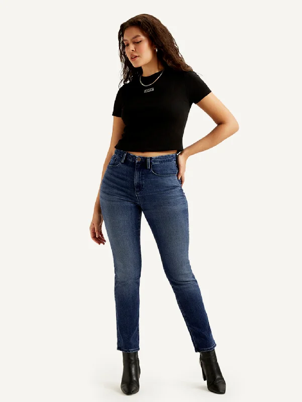 Women's Mid Rise Straight Fit Dark Blue Jeans