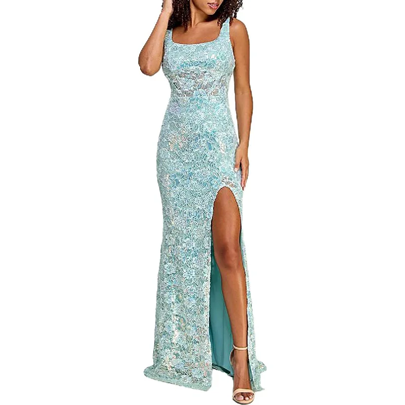 Juniors Womens Lace Sequin Evening Dress