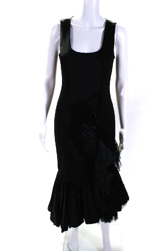 Badgley Mischka Womens Scoop Neck Pleated Ruffle Midi Flare Dress Black