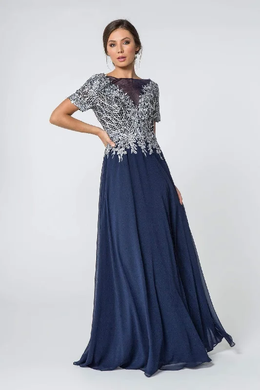 Elizabeth K - GL2826 Metallic Lace Embroidered Chiffon Dress