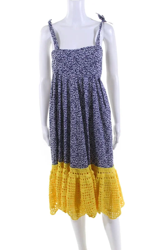 Michaela Buerger Womens Floral Crochet Trim Midi Swing Dress Blue