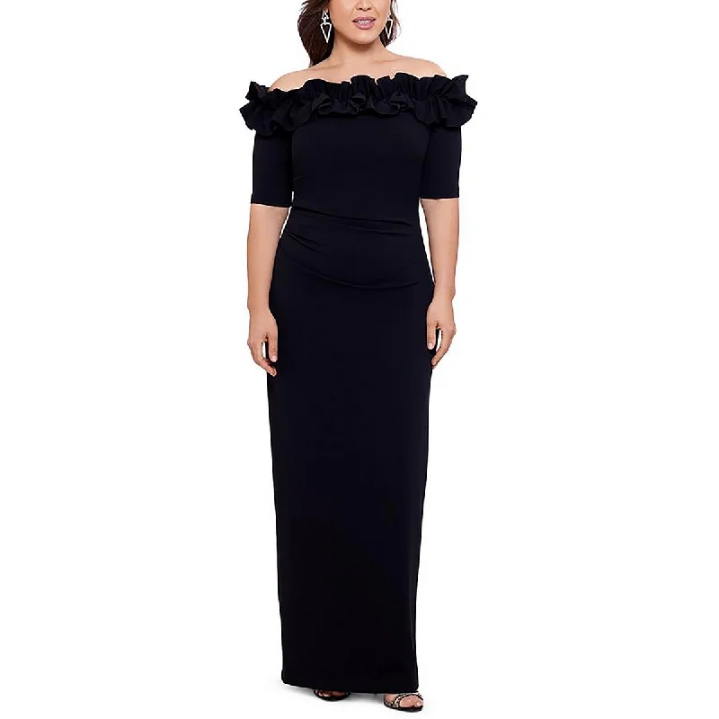 Plus Womens Velvet Off-The-Shoulder Evening Dress