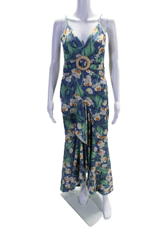 PatBO Womens Floral Print Sleeveless Spaghetti Strap Maxi Dress Blue